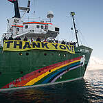 The crew of the Arctic Sunrise display a banner to send a thank you message to the two million supporters who have now signed the petition to protect the Arctic (http://www.savethearctic.org). 
The Arctic Sunrise is on a month-long expedition in the icy Arctic. Greenpeace is campaigning for a global sanctuary to be declared around the uninhabited area of the North Pole.
