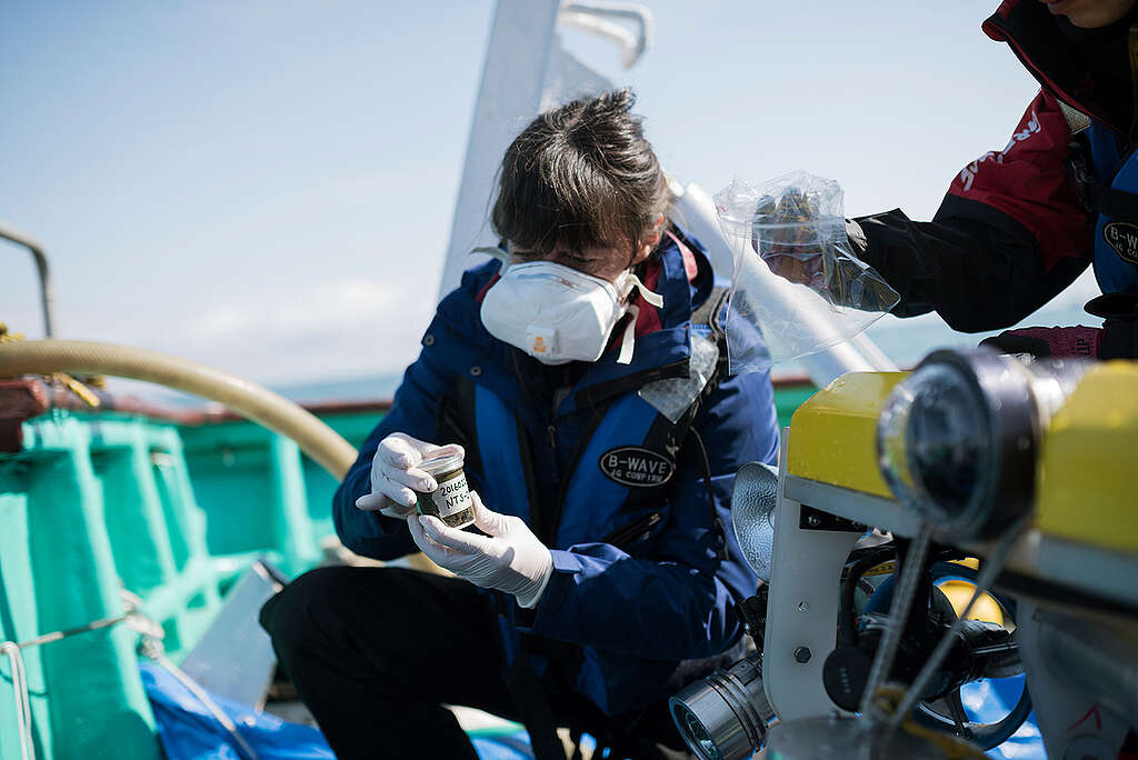 Greenpeace investigators collecting samples