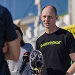 David Ritter, Executive Director of Greenpeace Australia during press conference about the Rainbow Warrior's tour in Western Australia to expose and document the threats from gas drilling in an ocean biodiversity hotspot by fossil fuel giant Woodside Energy.