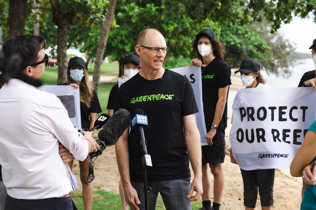 David Ritter Addresses the Media at Press Conference in Cairns, Australia. © Greenpeace / Grumpy Turtle / Harriet Spark