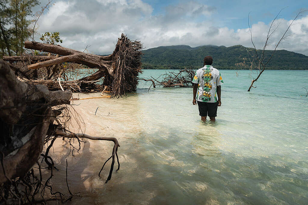 Coastal Erosion on Kakula Island. A local man observes coastal erosion on Kakula Island.