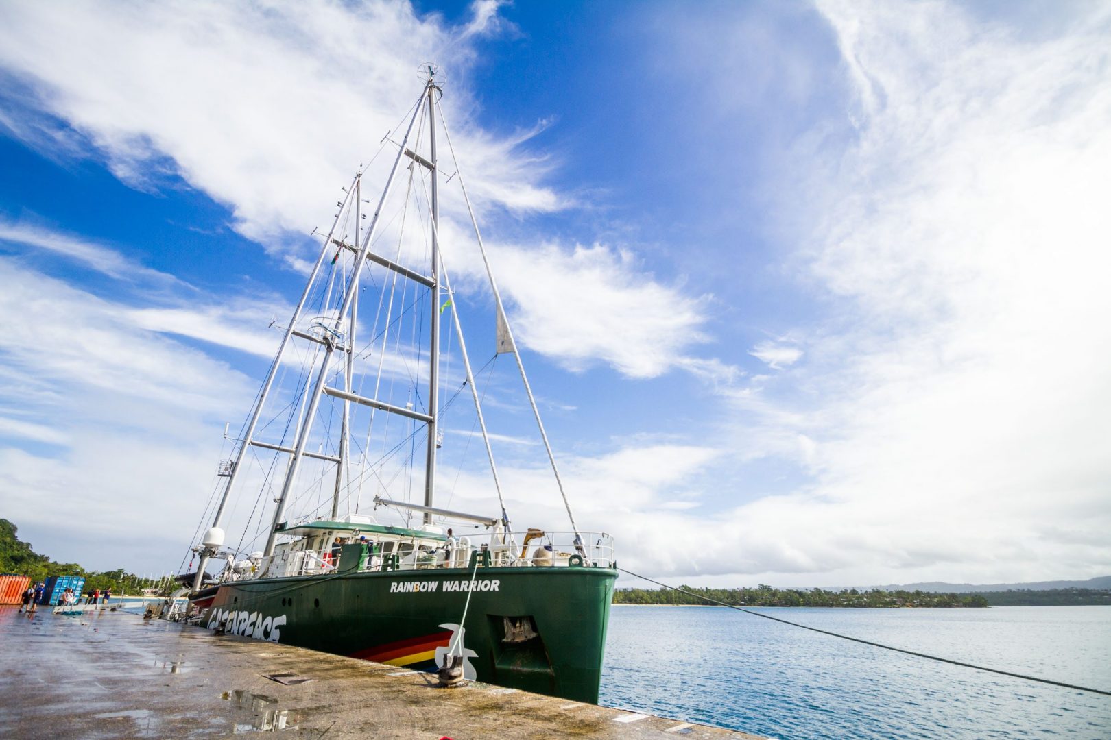 The Rainbow Warrior arrives in Port Vila, Vanuatu.