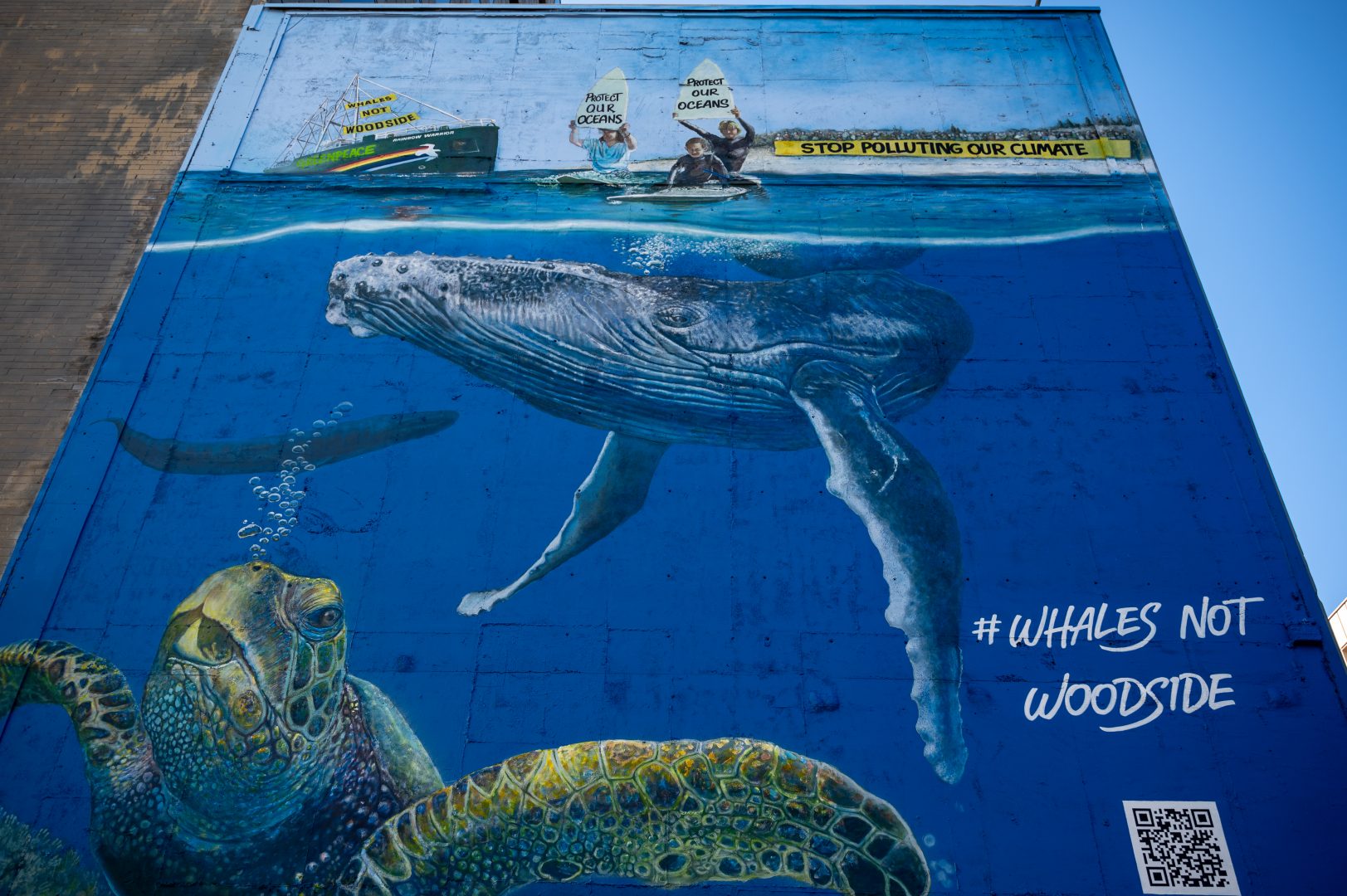 Giant #WhalesNotWoodside Mural near Woodside's HQ in Perth, WA
