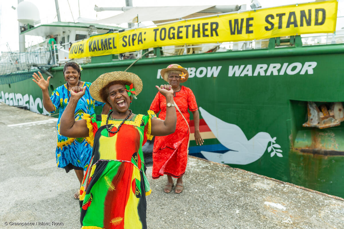 Local fashion designers in Port Vila put on a vibrant fashion show onboard the helideck of the Rainbow Warrior.