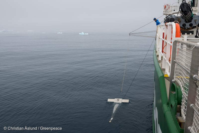 Microplastic sampling in Antarctic waters from aboard the Arctic Sunrise.
