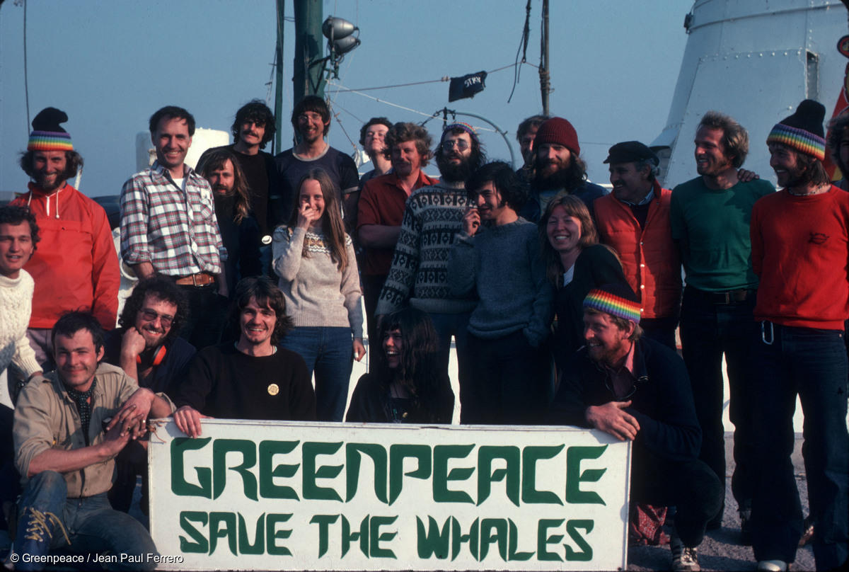 Rainbow Warrior Crew in 1978 with Whaling Banner in Shetland