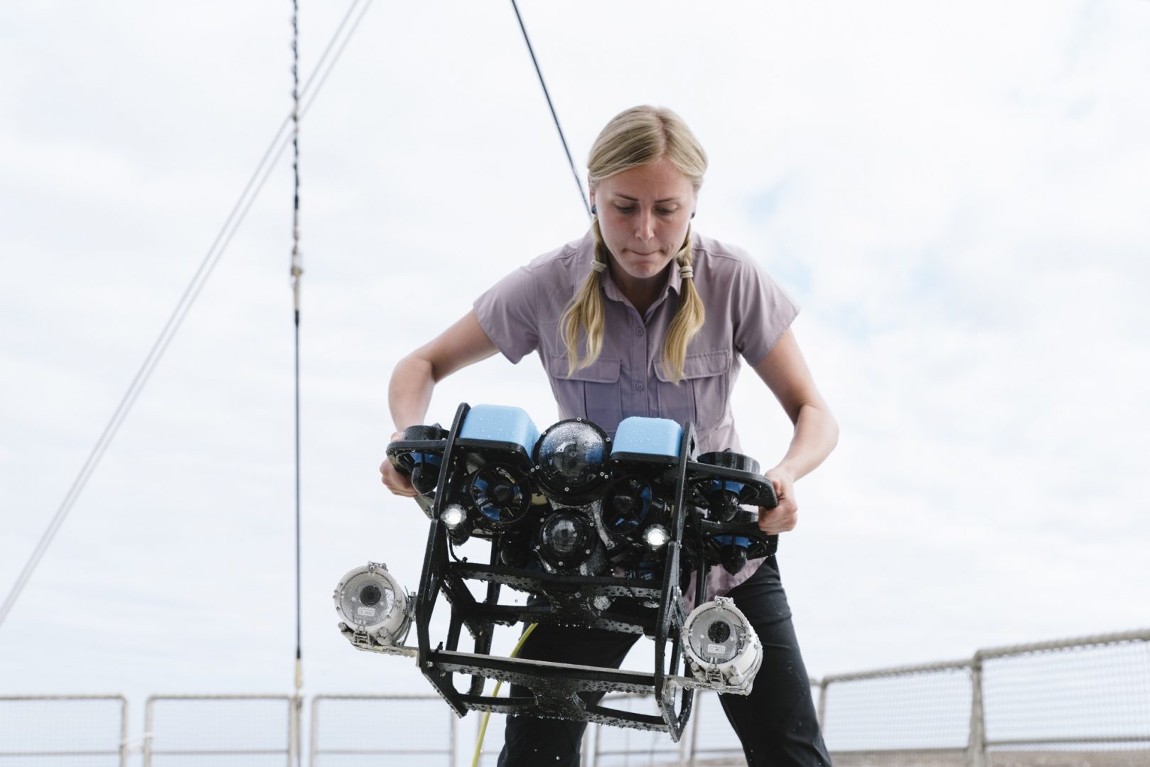 PHD student Darryn Sword prepares to lift the ROV into the water from the Rainbow Warrior III in the waters of The Great Australian Bight.