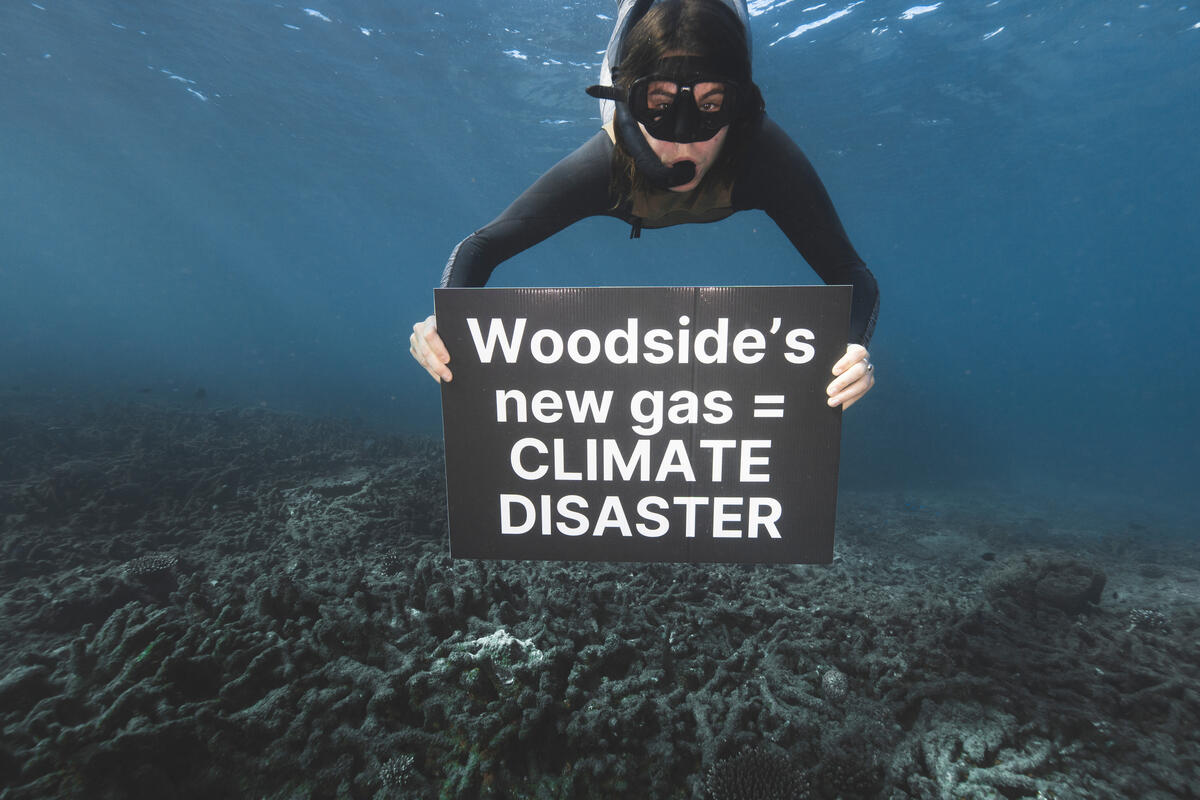 'Woodside's New Gas = Climate Disaster' Sign on Ningaloo Reef. © Lewis Burnett / Greenpeace