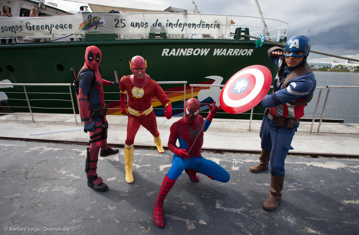 Flash, Captain America, Deadpool and Spiderman also want to be rainbow warriors. Rainbow Warrior is in Rio de Janeiro to celebrate the 25th anniversary of Greenpeace Brazil|In the framework of World Cities Day, Greenpeace Colombia installs a vertical garden in the El Rosario square and demands that the Bogotá Council declare a climate emergency,|Global Climate Strike in 2019 on Gadigal Land, Sydney||Rainbow Warrior III Open Boat in Sydney