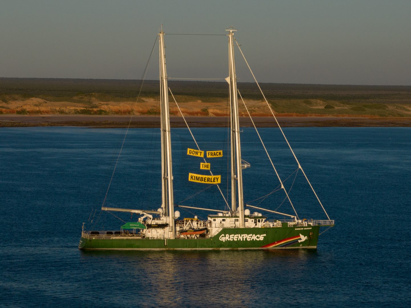 Greenpeace's Rainbow Warrior flies Kimberley banner