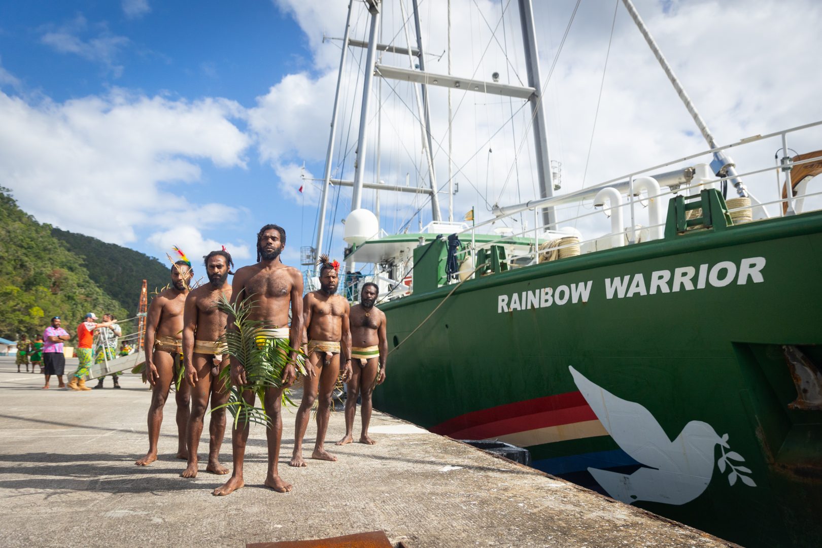 Traditional dancers welcome Rainbow Warrior to Port Vila, Vanuatu (credit_ Island Roots _ Greenpeace)