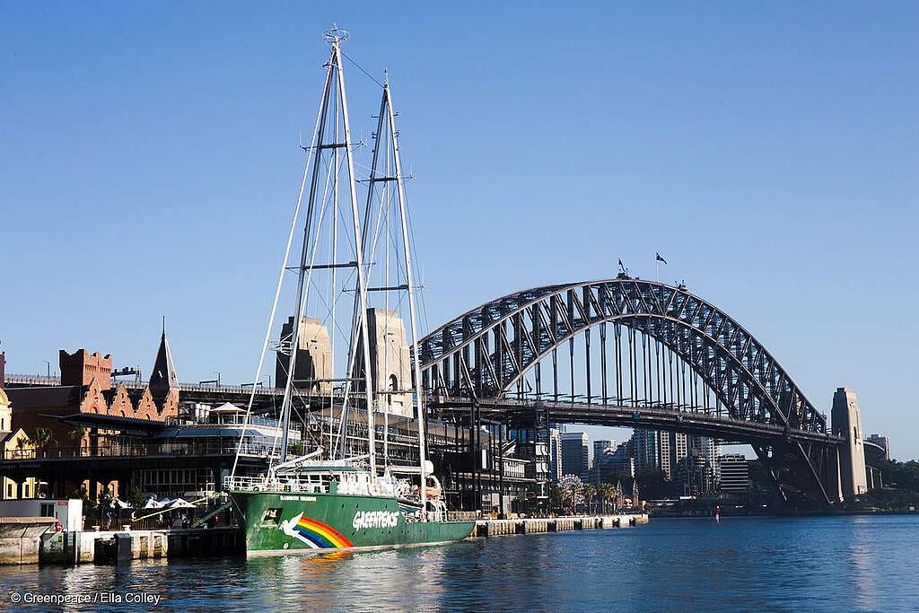 The Rainbow Warrior in port at Circular Quay, Sydney, for the first leg of its Making Oil History tour to draw attention to the threat posed by oil drilling to the Great Australian Bight.