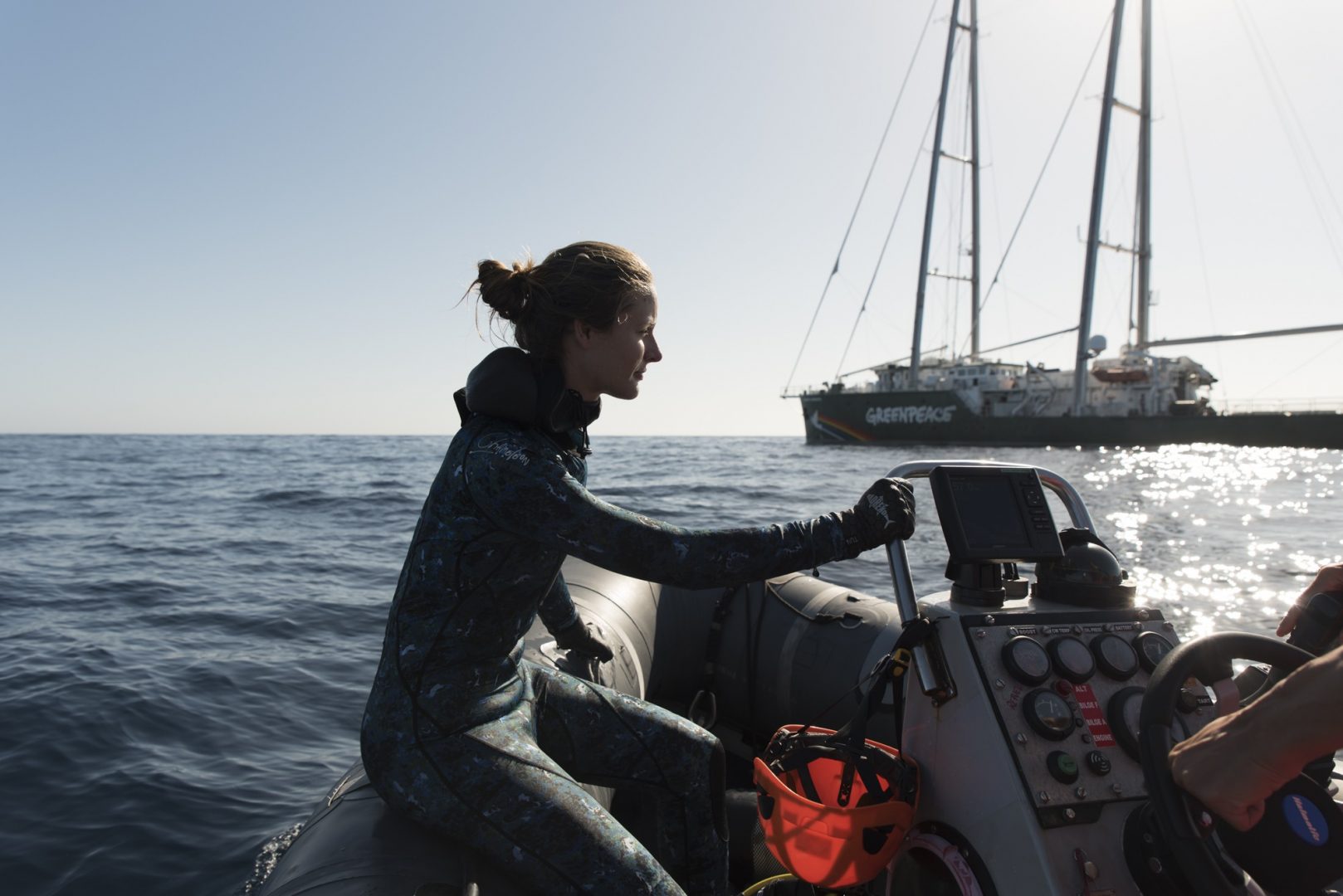Underwater photographer Mikaela Skovranoa heading back to the Rainbow Warrior III after a dive in the Great Australian Bight