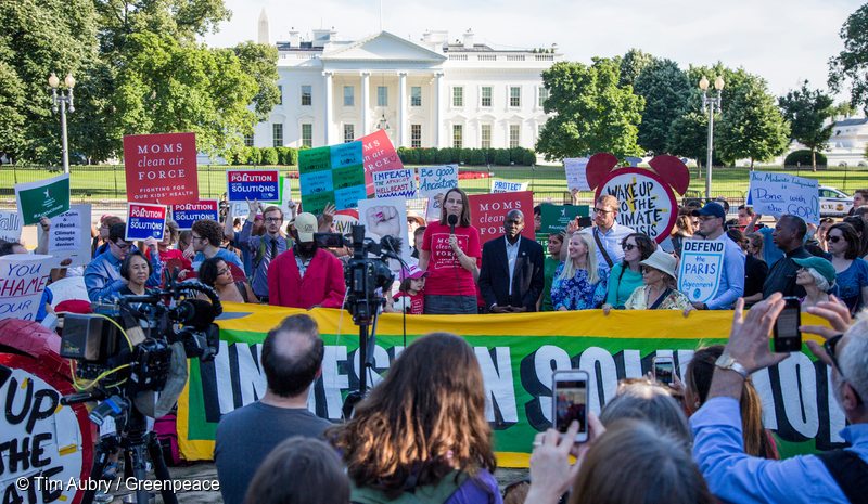 Protestors take to the streets in Lafayette Park near the White House after President Donald Trump announced his intention to have the U.S. withdraw from the Paris Climate Agreement. Greenpeace condemned Trump’s attempt to withdraw from the Paris Climate Agreement, but affirmed the global community would continue to move forward on climate action. Greenpeace USA Executive Director Annie Leonard said: “This is disgraceful. By withdrawing from the Paris Climate Agreement, the Trump administration has turned America from a global climate leader into a global climate deadbeat.