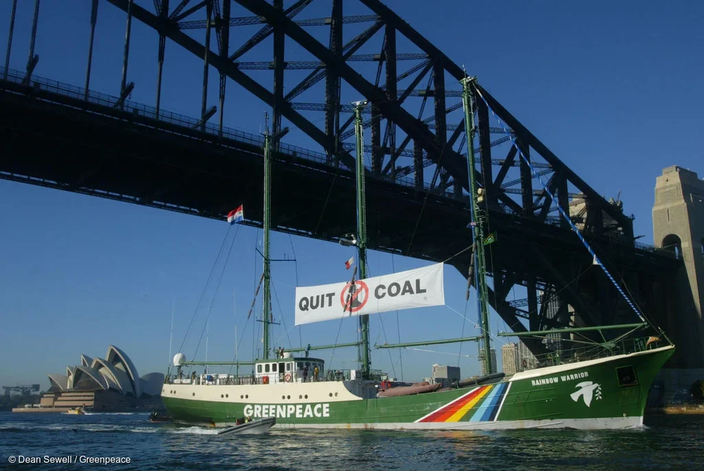 The Greenpeace flagship Rainbow Warrior sails into Sydney Harbour as part of its climate tour against coal in Australia.