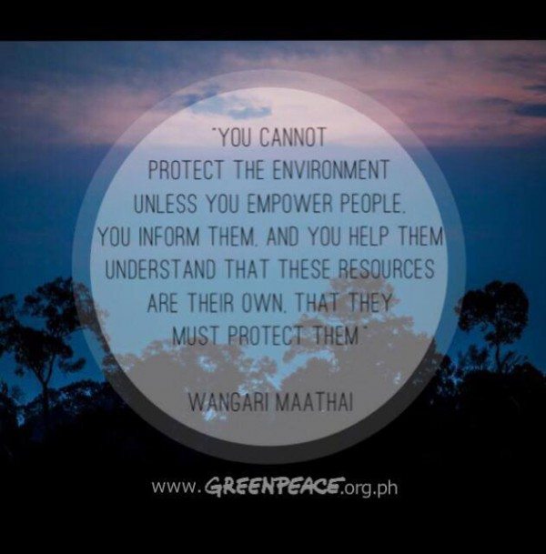 Inspiring quote. "You cannot protect the environment unless you empower people.
you inform them. and you help them understand that these resources are their own. That they must protect them." - Wangari Maathai