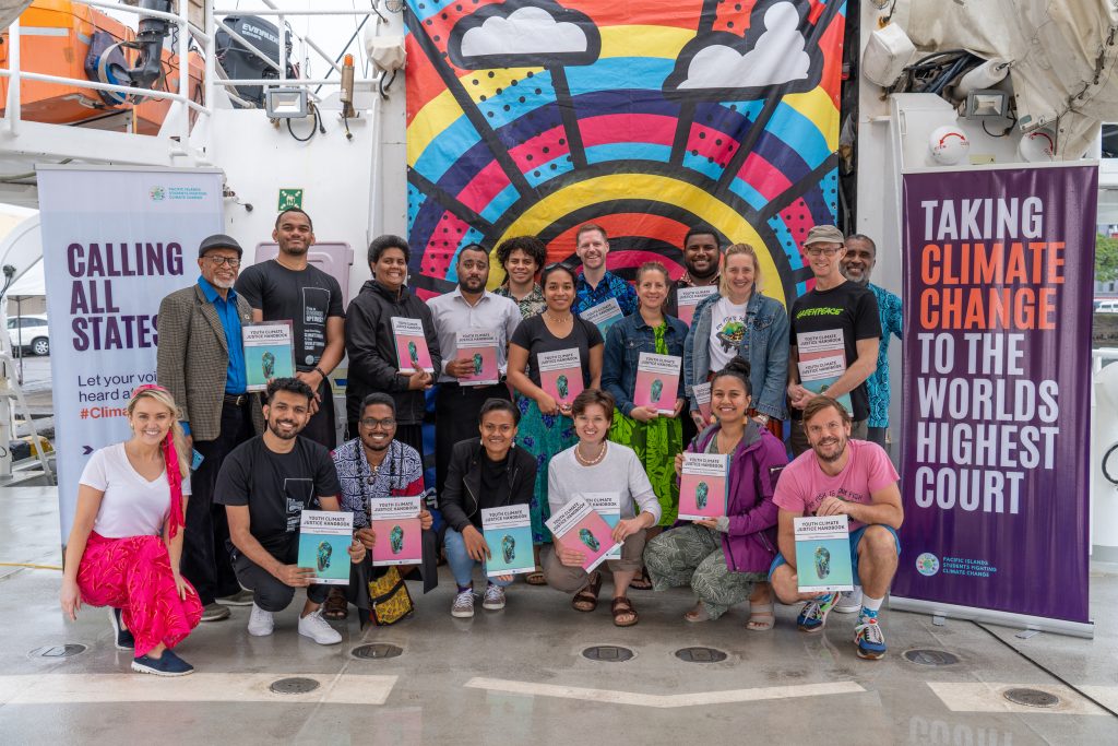 August 2023: Pacific Island Students Fighting Climate Change (PISFCC), the group who were the life breath of the International Court of Justice Advisory Opinion (ICJAO) campaign, on board the Rainbow Warrior during a special event designed to amplify the visions and ideas of climate justice activists leading the way on climate change.