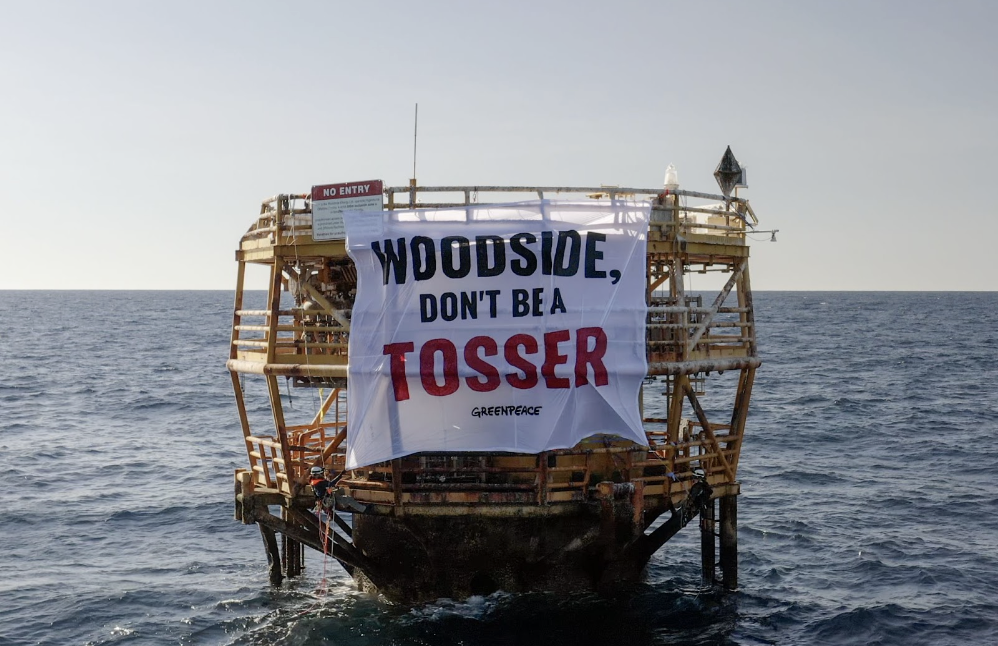 Greenpeace Australia Pacific activists climb and document a toxic, discarded oil tower owned by fossil fuel company Woodside, The Nganhurra Riser Turret Mooring. &copy; Greenpeace