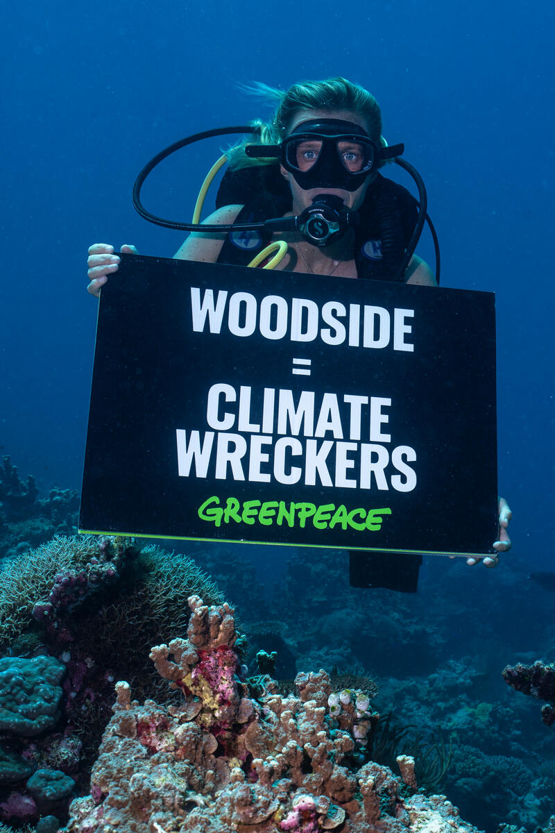 Gas Campaign Sign Underwater in Western Australia. © Wendy Mitchell / Greenpeace