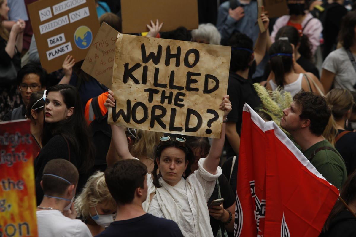 Person holding "Who killed the world" sign during protest