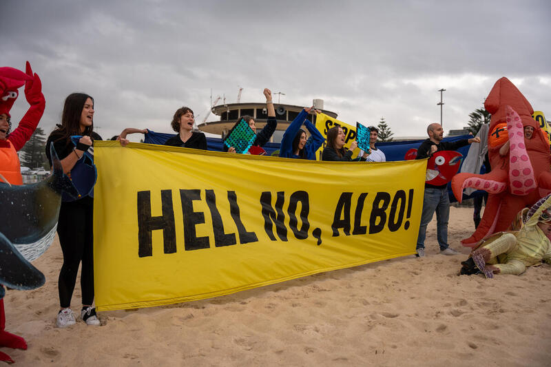 Activists hold a sign reading 'Hell No, Albo'
