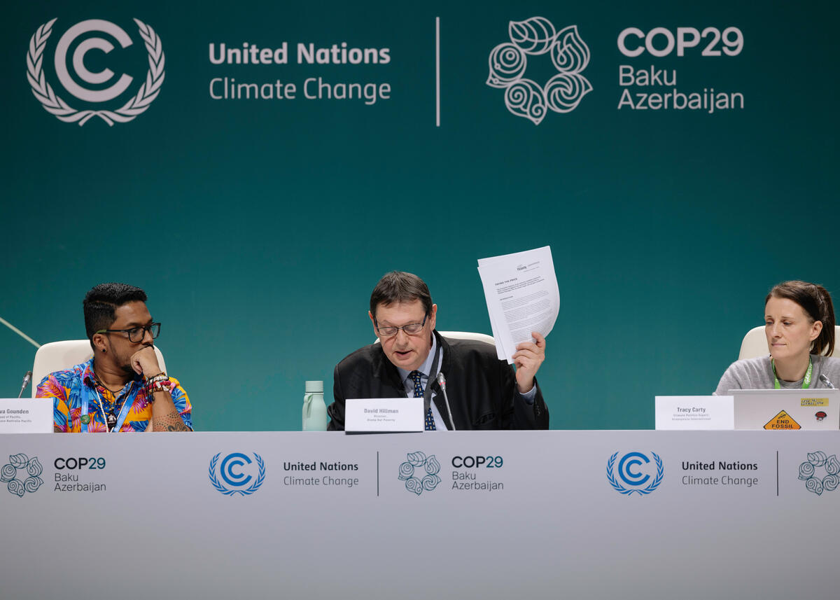 Shiva Gounden, David Hillman and Tracy Carty at COP29 Press Conference in Baku. © Marie Jacquemin / Greenpeace