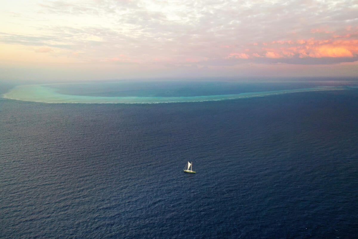 Rainbow Warrior near Woodside's Proposed Drill Sites at Scott Reef,  Australia. &copy; Greenpeace / Alex Westover
