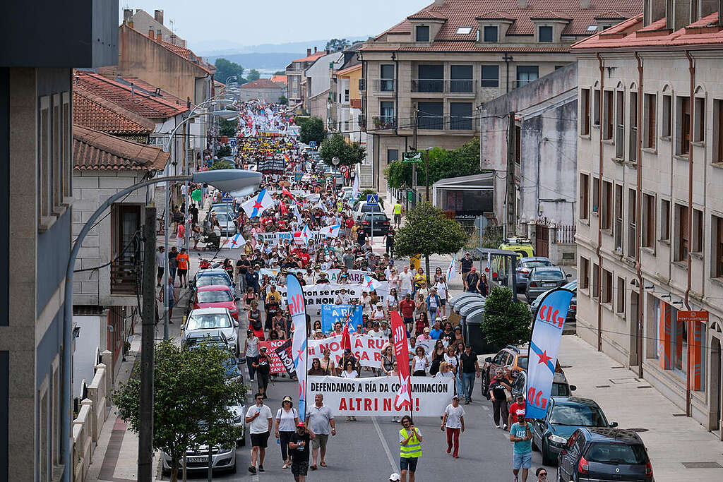 Tens of thousands of people took part in A Illa de Arousa in a massive demonstration against the
Altri/Greenfiber mega-cellulose plant project.